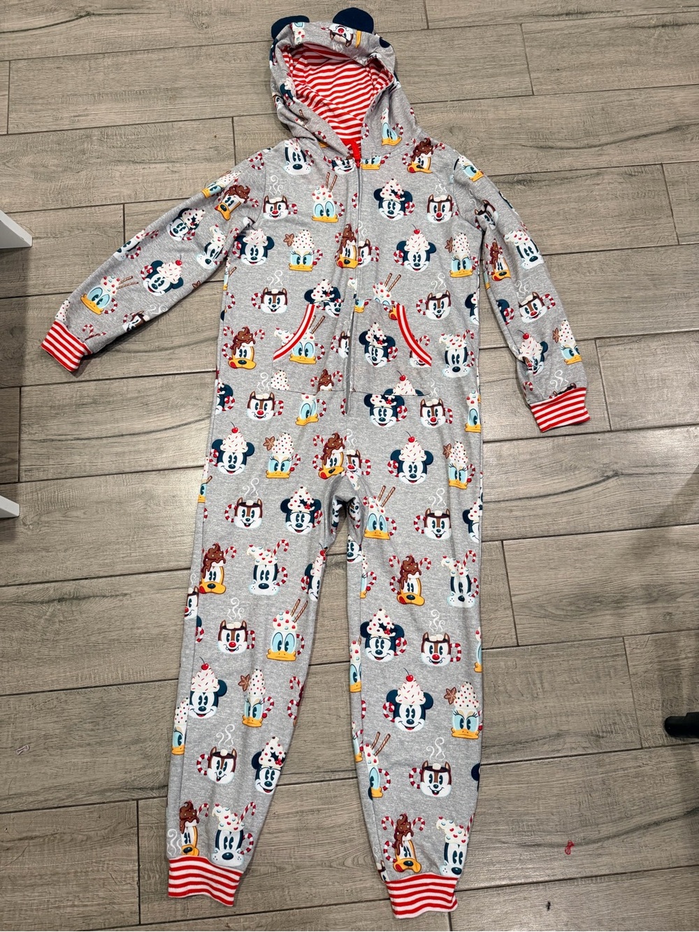 Disney Grey Mickey & Friends Hooded One-Piece Footie with Red Stripe Accents